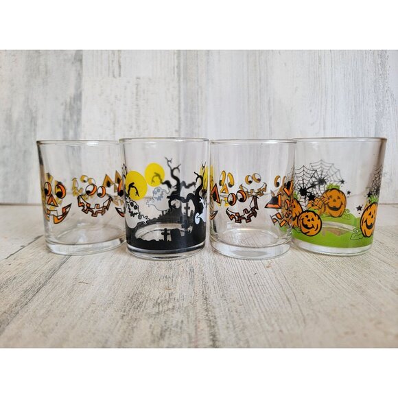 Mini glass set Halloween tea light candle holder spider web pumpkin - Picture 1 of 5